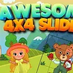 Piirroskuva, jossa tyttö ja nallepuvussa oleva hahmo seisovat vihreässä maisemassa vuorten edessä, ja yläpuolella on teksti Awesome 4x4 Slider