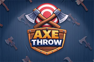 Ristikkäiset kirveet ja maalitaulu puisen kilven päällä, jossa lukee AXE THROW, tummansinisellä taustalla