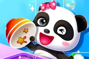 Panda, jolla on pinkki rusetti, pitää kulhoa ja iskee silmää sinistä taustaa vasten