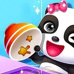 Panda, jolla on pinkki rusetti, pitää kulhoa ja iskee silmää sinistä taustaa vasten