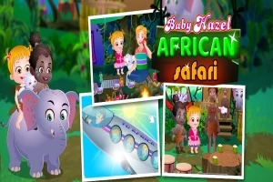 Kaksi lasta ratsastaa elefantilla, kun taas taustalla näkyy kaksi kuvaketta ja teksti Baby Hazel African Safari