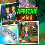 Kaksi lasta ratsastaa elefantilla, kun taas taustalla näkyy kaksi kuvaketta ja teksti Baby Hazel African Safari
