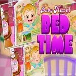 Värikäs kuva iloisesta vauvasta sinisessä pyjamassa, esitellen tekstiä Bed Time kirkkaan pinkillä taustalla