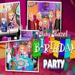 Lapsi syntymäpäivähatussa, kuvia juhlista ja värikäs Birthday Party -teksti