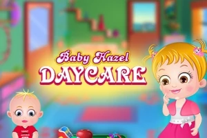 Kaksi hymyilevää lasta päiväkodin värikkäässä huoneessa otsikolla Baby Hazel Daycare