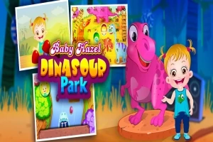 Pieni lapsi ja vaaleanpunainen dinosaurus seisovat yhdessä värikkään taustakuvan edessä, jossa on kolme erilaista kuvaa dinosauruspuistosta