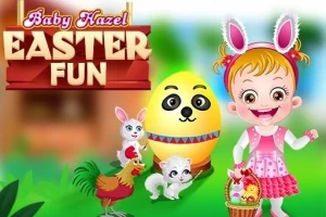 Pikkutyttö pukeutuneena pupunkorviin, yläpuolella Easter Fun -teksti, vierellään pupu, tipu, kukko ja suuri pääsiäismuna
