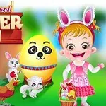 Pikkutyttö pukeutuneena pupunkorviin, yläpuolella Easter Fun -teksti, vierellään pupu, tipu, kukko ja suuri pääsiäismuna