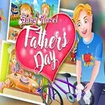 Lapsi ja mies pitävät sydämen muotoista kylttiä, jossa lukee Baby Hazel Fathers Day, taustalla on värikkäitä kuvia