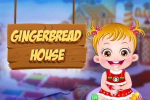 Lapsi punaisessa mekossa hymyilee karkkitalon edessä, taustalla teksti Gingerbread House