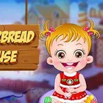 Lapsi punaisessa mekossa hymyilee karkkitalon edessä, taustalla teksti Gingerbread House