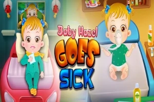 Pieni tyttö makaa sängyssä, näyttää sairaalta, ja käyttää kasvomaskia; taustalla on teksti Baby Hazel Goes Sick