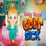 Pieni tyttö makaa sängyssä, näyttää sairaalta, ja käyttää kasvomaskia; taustalla on teksti Baby Hazel Goes Sick