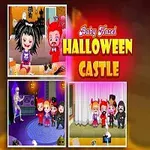 Lapsia pukeutuneina erilaisiin pukuasuihin Halloween-juhlissa värikkäällä taustalla