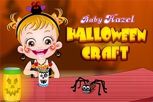 Lapsi hymyilee Halloween-aiheisten askarteluiden äärellä, ja edessä on kurpitsalyhty ja hämähäkki koristeita eloisalla oranssilla taustalla