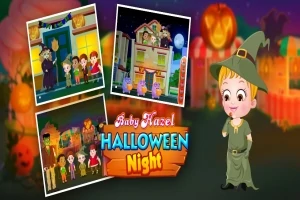 Lapsi pukeutunut noidaksi seisoo oikealla puolella, keskellä on teksti Halloween Night, taustalla kolme pientä kuvaa halloween-aiheisista kohtauksista