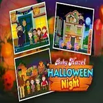 Lapsi pukeutunut noidaksi seisoo oikealla puolella, keskellä on teksti Halloween Night, taustalla kolme pientä kuvaa halloween-aiheisista kohtauksista