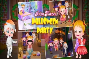 Lasten Halloween-juhlat, joilla on viisi erilaista kuvaa pukeutuneista lapsista juhlimassa ja leikkimässä Halloween-teemaisessa ympäristössä