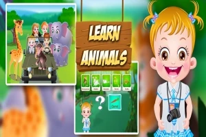 Lapsi hymyilee kameran kanssa, kirahvi, norsu ja muita eläimiä taustalla sekä teksti Learn Animals