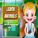 Lapsi hymyilee kameran kanssa, kirahvi, norsu ja muita eläimiä taustalla sekä teksti Learn Animals