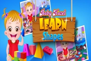 Vauva hymyilee värikkäiden palikoiden kanssa, keskellä lukee Baby Hazel Learn Shapes puukyltissä, taustalla useita kuvia suurempana esitetystä hahmosta eri tilanteissa