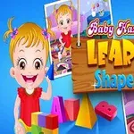 Vauva hymyilee värikkäiden palikoiden kanssa, keskellä lukee Baby Hazel Learn Shapes puukyltissä, taustalla useita kuvia suurempana esitetystä hahmosta eri tilanteissa