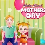 Kolme hymyilevää hahmoa huoneessa, koristeltu ilmapalloilla ja teksti Baby Hazel Mothers Day