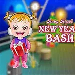 Kaksi lasta talvivaatteissa kannella, toinen lapsi pitelee lahjapakettia, ja keskellä lukee New Year Bash
