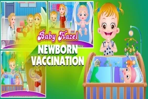 Vauva leikkikehässä, lapsia ja hoitaja eri tilanteissa sekä teksti Newborn Vaccination