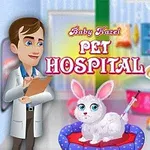 Lapsi hymyilee ja eläinlääkäri työskentelee turkoosissa huoneessa, jossa on kani ja teksti Pet Hospital