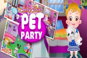 Pieni tyttö sinisessä mekossa hymyilee pitäen valkoista kissaa sylissään, ympärillään värikkäitä lemmikkiaiheisia kuvia ja teksti Pet Party