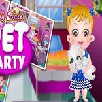 Pieni tyttö sinisessä mekossa hymyilee pitäen valkoista kissaa sylissään, ympärillään värikkäitä lemmikkiaiheisia kuvia ja teksti Pet Party