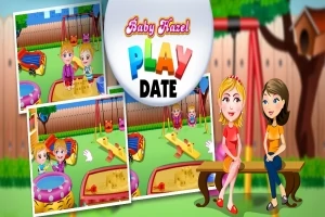 Kuvassa on kaksi naista istumassa penkillä leikkikentällä ja kolme valokuvaa, joissa on lapsia leikkimässä keinuilla ja hiekkalaatikolla, sekä teksti Play Date