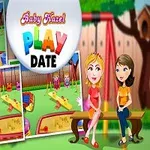 Kuvassa on kaksi naista istumassa penkillä leikkikentällä ja kolme valokuvaa, joissa on lapsia leikkimässä keinuilla ja hiekkalaatikolla, sekä teksti Play Date