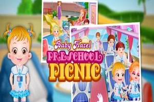 Värikäs kuva esittää hymyilevän tytön koulupuvussa ja taustalla on leikkisästi piirrettyjä lapsia bussissa, sekä teksti Preschool Picnic