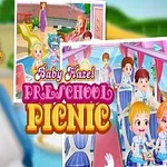 Värikäs kuva esittää hymyilevän tytön koulupuvussa ja taustalla on leikkisästi piirrettyjä lapsia bussissa, sekä teksti Preschool Picnic