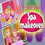 Vauva tyttö vaaleanpunaisessa mekossa, tekstillä Spa makeover ja kaksi pienempää kuvaa, joissa hän on erilaisissa kylpylätilanteissa
