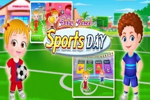 Lapsi urheiluvaatteissa pitelee jalkapalloa, ja ympärillä on värikkäitä urheilukuvakkeita ja teksti Sports Day
