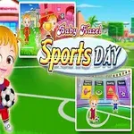 Lapsi urheiluvaatteissa pitelee jalkapalloa, ja ympärillä on värikkäitä urheilukuvakkeita ja teksti Sports Day