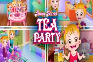 Lapsi ja värikkäät juhlat eri asetelmissa sisätiloissa, keskellä teksti Tea Party