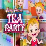 Lapsi ja värikkäät juhlat eri asetelmissa sisätiloissa, keskellä teksti Tea Party