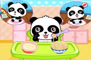 Panda syö pastaa ja keittoa vihreän pöydän ääressä, ja taustalla on kaksi ilmapalloa, jotka esittävät pandaa eri tilanteissa