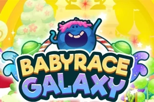Värikäs piirroshahmo, sininen ja pyöreä, seisoo iloiten taustalla sateenkaari ja pastellivärisiä puita, päällään BABYRACE GALAXY -teksti