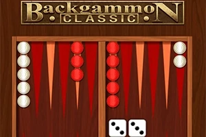 Lautapeli, jossa on punaisia ja valkoisia pelinappuloita sekä kaksi noppaa, otsikon Backgammon Classic alla