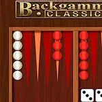 Lautapeli, jossa on punaisia ja valkoisia pelinappuloita sekä kaksi noppaa, otsikon Backgammon Classic alla