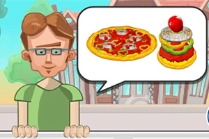Mies puhuu ruoasta, näytöllä pizza ja hampurilainen