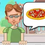 Mies puhuu ruoasta, näytöllä pizza ja hampurilainen