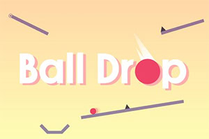 Vaaleankeltaisella taustalla on teksti Ball Drop valkoisin kirjaimin ja punainen pallo, jota ympäröivät erilaiset vinossa olevat viivat
