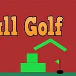 Punaisella taustalla näkyvät suuret keltaiset tekstit Ball Golf ja vihreä talon muotoinen kuvio sekä alareunassa pieni golfpallo ja reikä