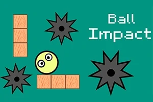 Vihreällä taustalla on keltainen pallo, mustia piikkejä ja ruskeita laatikoita järjesteltyinä eri puolille, sekä teksti Ball Impact